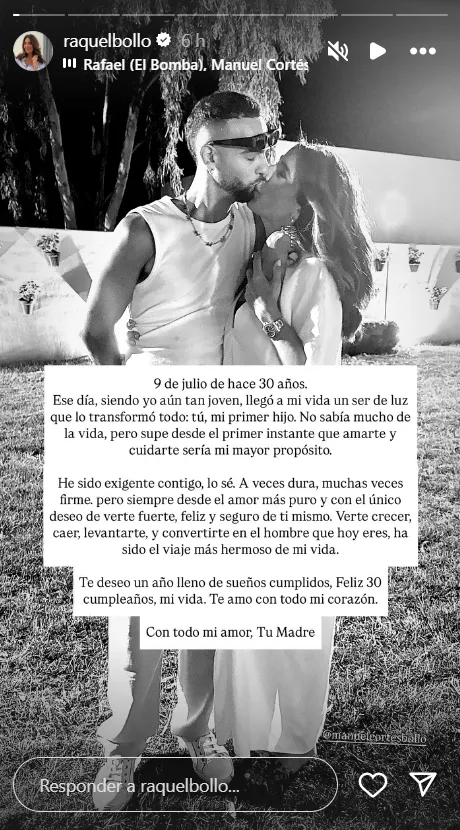 Raquel Bollo felicita a su hijo Manuel por stories en su 30 cumpleaños