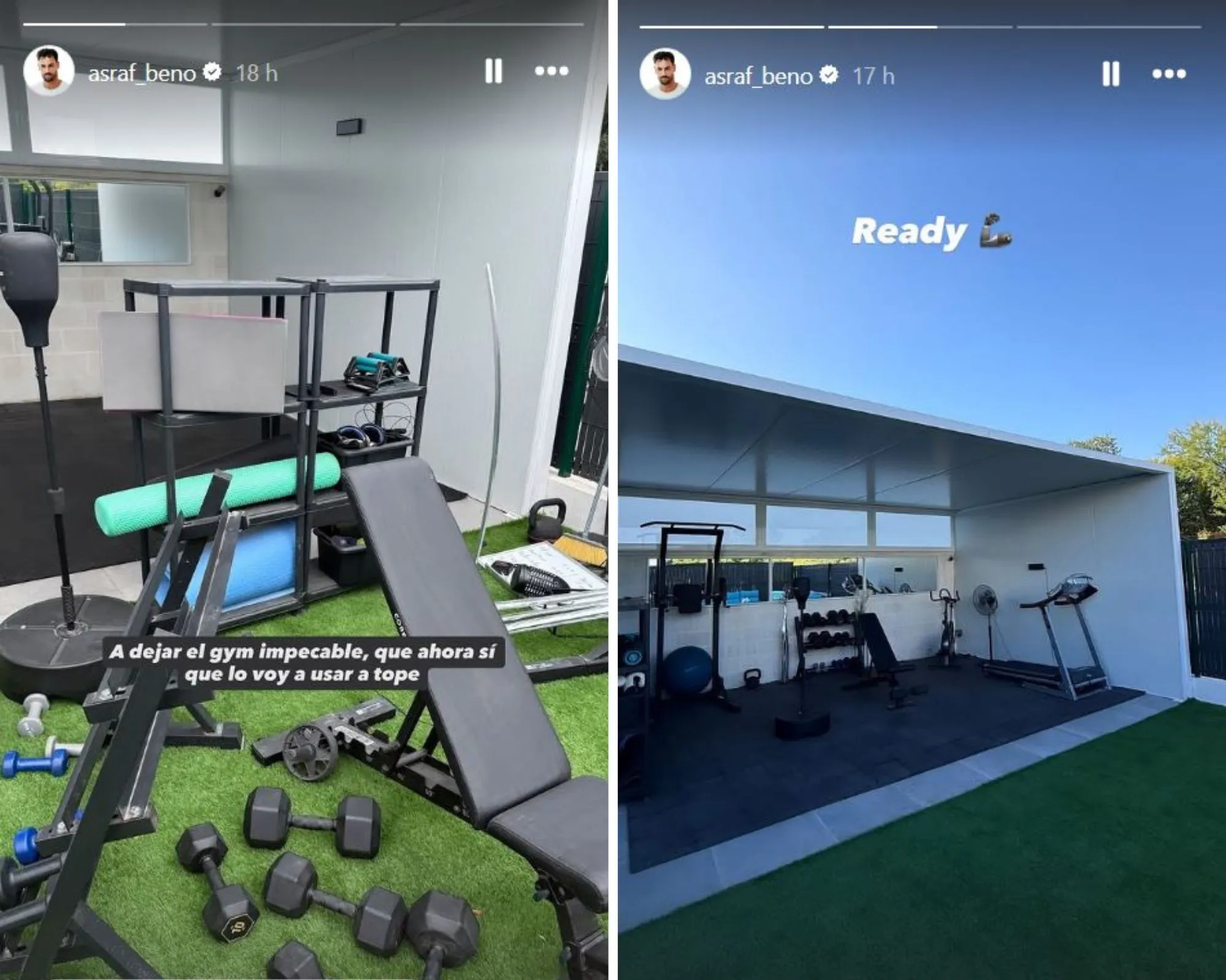 Asraf Beno ha montado un gimnasio en su jardín.