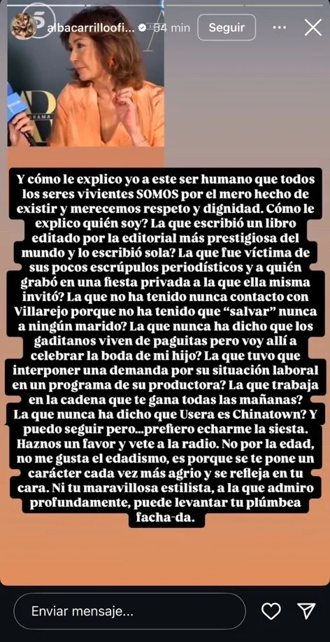 Alba Carrillo manda un mensaje a Ana Rosa Quintana por Instagram