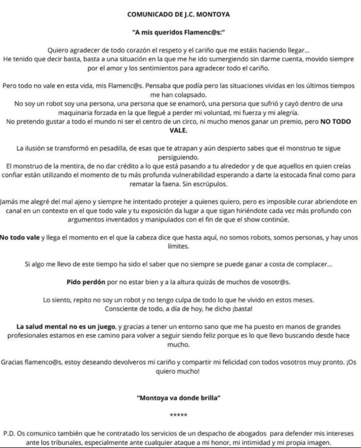 Comunicado de Montoya en sus redes sociales