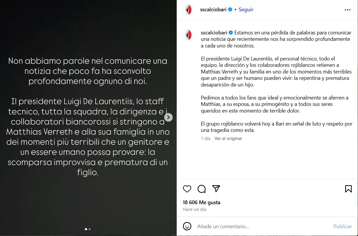 Comunicado en redes del Bari tras la muerte del bebé de Matthias Verreth