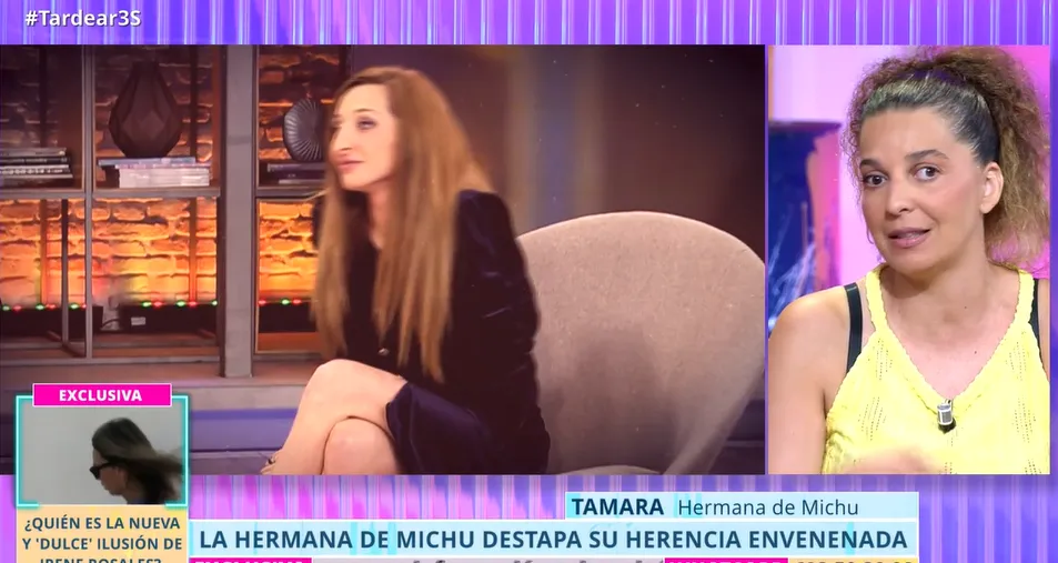 Michu en pantalla partida con su hermana Tamara (en TardeAR)en una de sus entrevistas en Telecinco