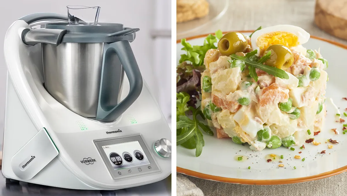 Preparación fácil de ensaladilla rusa con Thermomix, receta casera paso a paso.