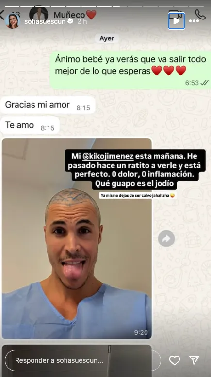 Captura de pantalla de conversación entre Kiko Jiménez y Sofía Suescun tras hacerse el primero un injerto capilar