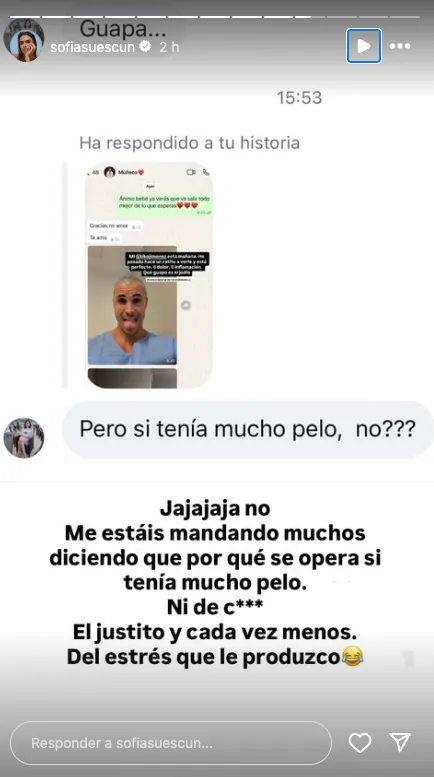 Story de Sofía Suescun hablando del injerto capilar de Kiko Jiménez