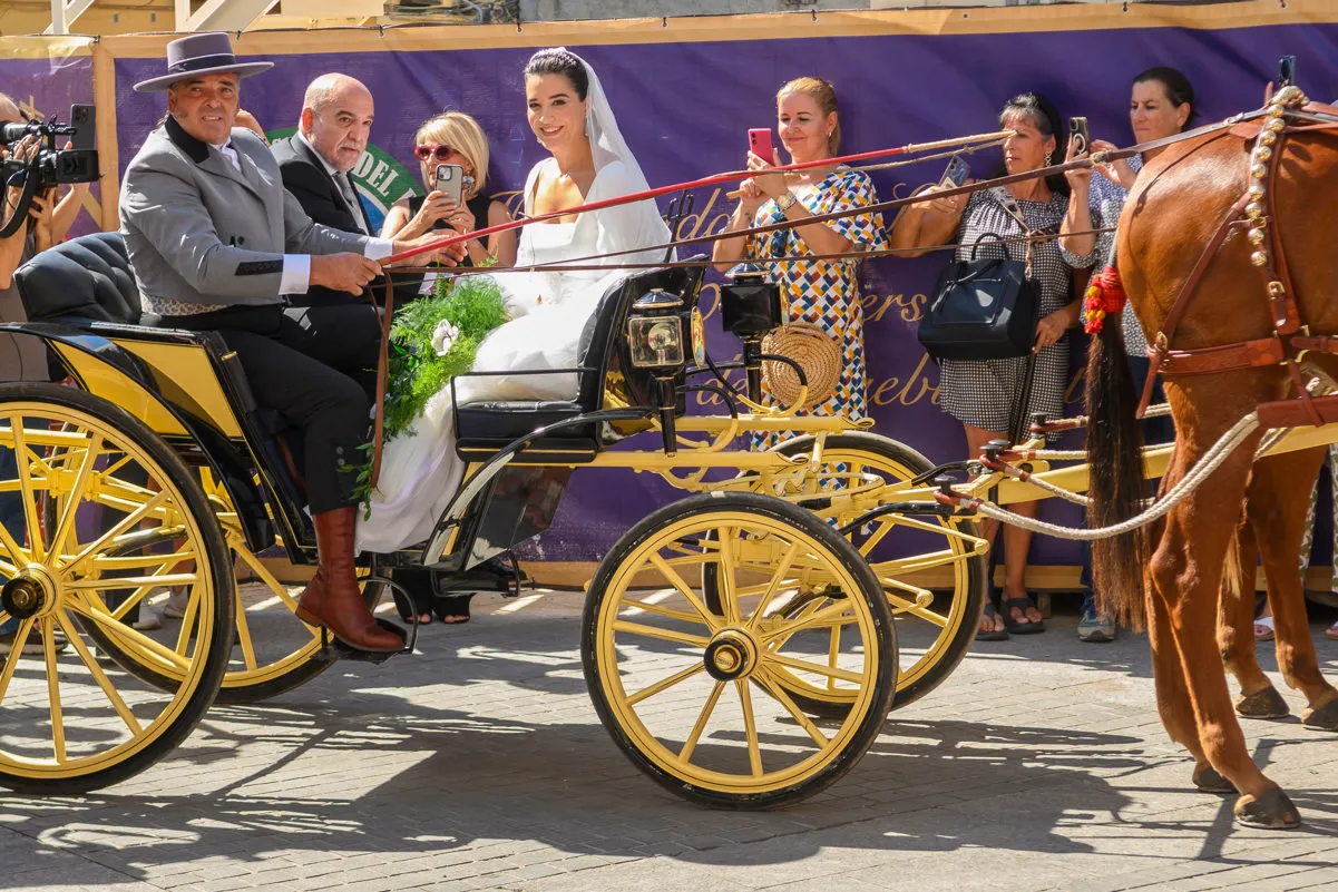 La novia llegando al enlace en un coche de caballos