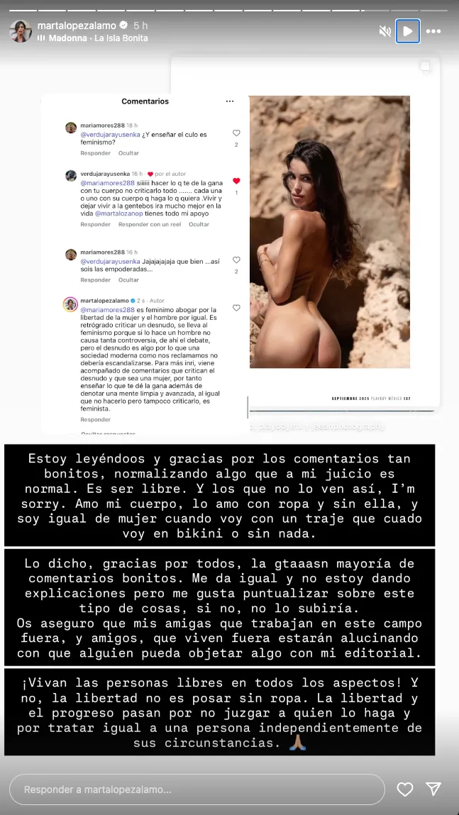 Captura del story de Marta López Álamo donde responde a las críticas tras posar desnuda para Playboy