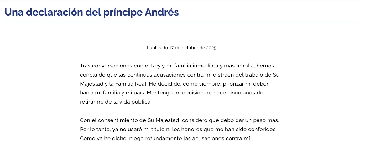 Comunicado del Príncipe Andrés renunciando a sus cargos.