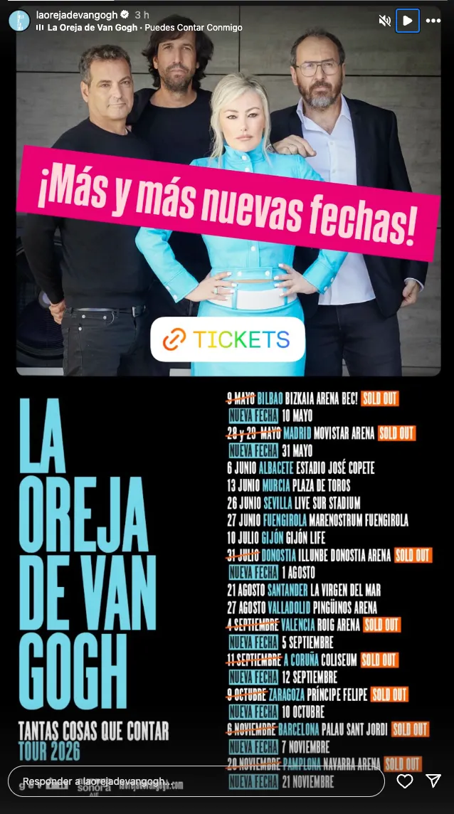 Captura de story de La Oreja de Van Gogh tras compartir el cartel de sold out y nuevas fechas de su gira tras la vuelta de Amaia