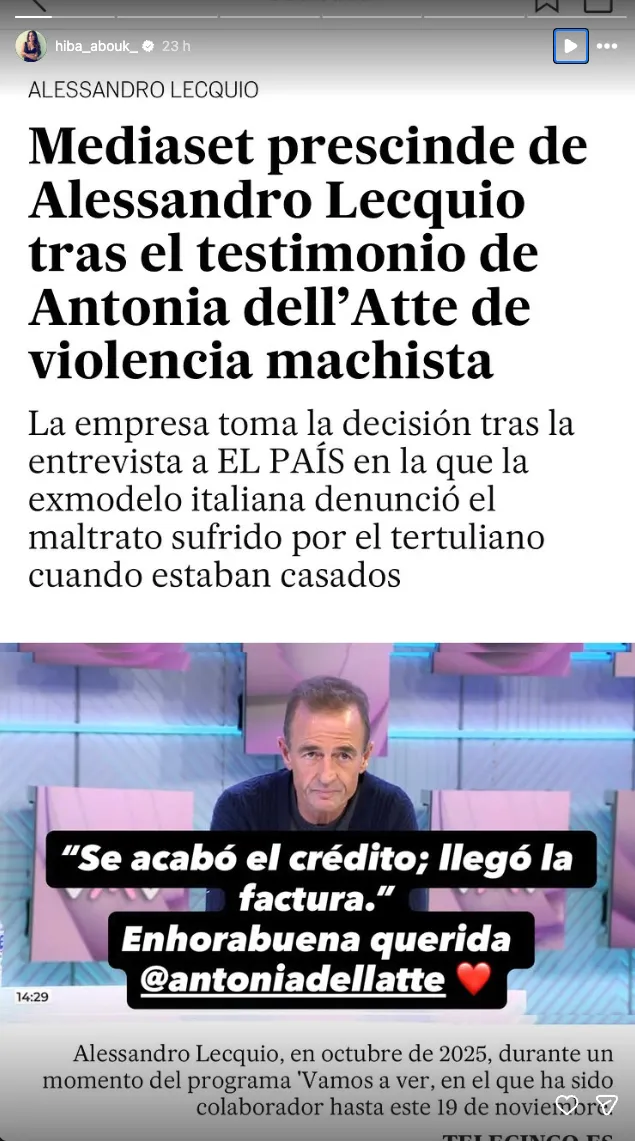 Hiba Abouk comenta la publicación de El País sobre el despido de Telecinco de Alessandro Lequio.
