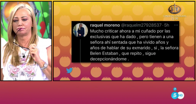 Belén Esteban con el tweet de Raquel Moreno en Sálvame